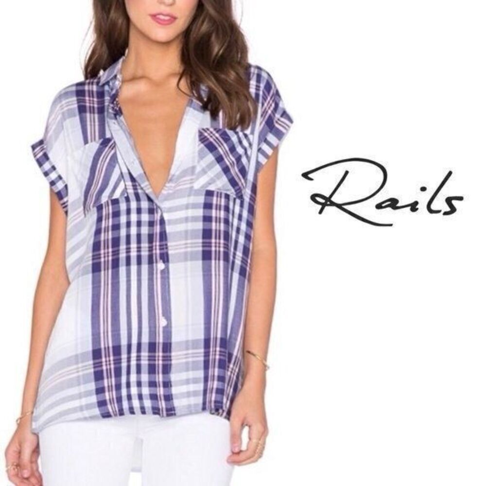 Rails Anthropologie Small Button Down Britt Periwinkle Blush Plaid Top Short